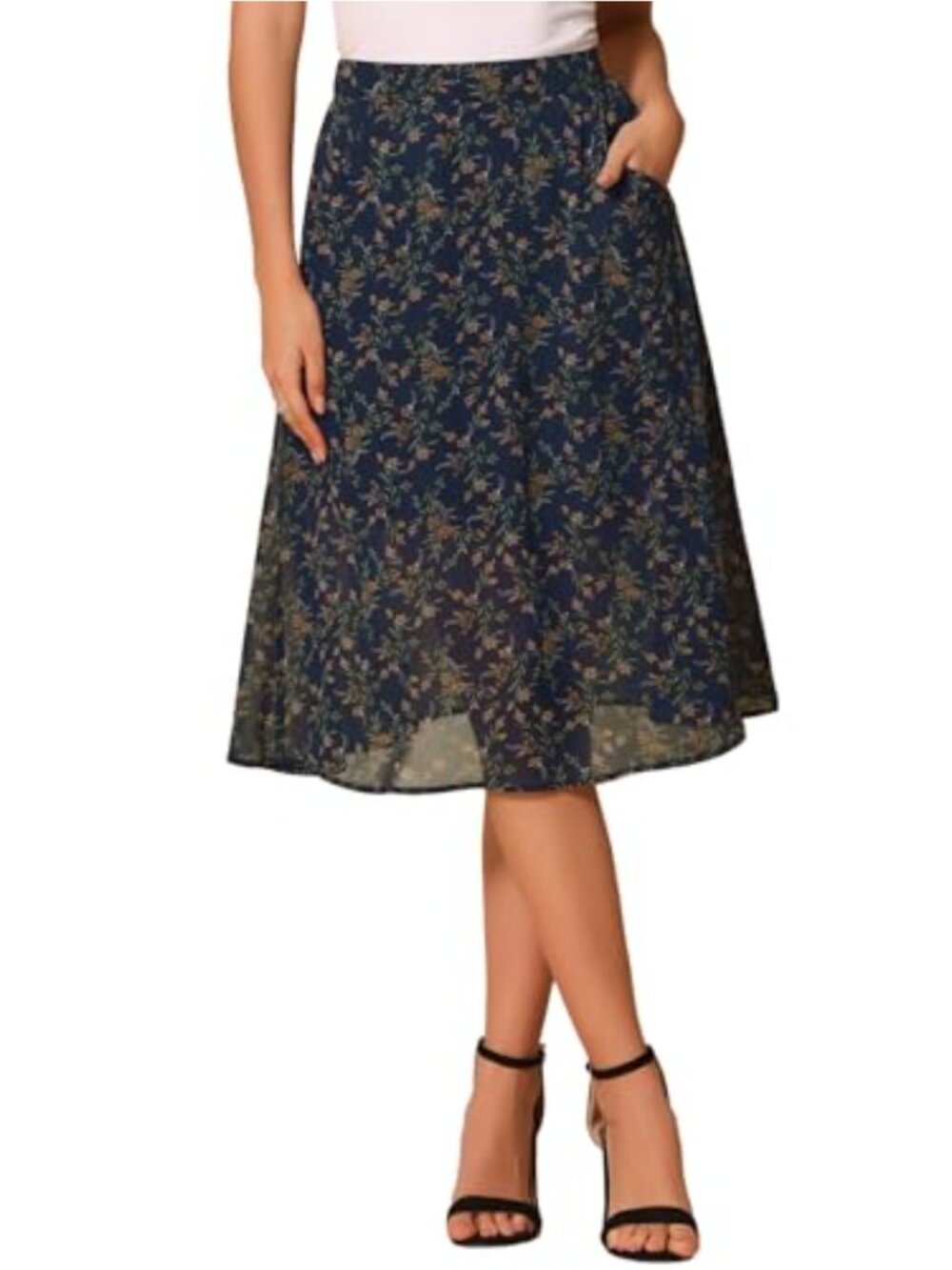 Floral Chiffon A-Line Midi Skirt High Waist Side Zip
